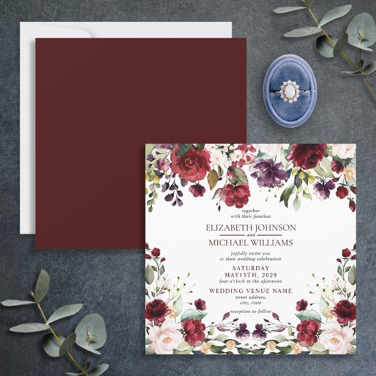 Carré Bourgogne Aquarelle Florale Drop Invitation
