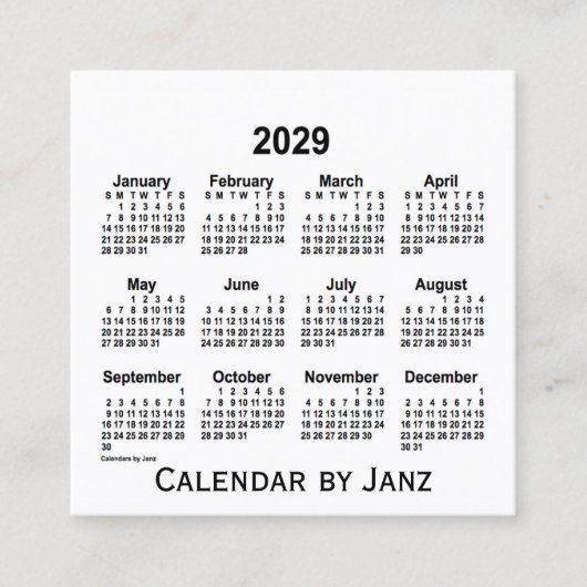 Carré Calendrier blanc 2029 par Janz Carte de visite Car (Devant)