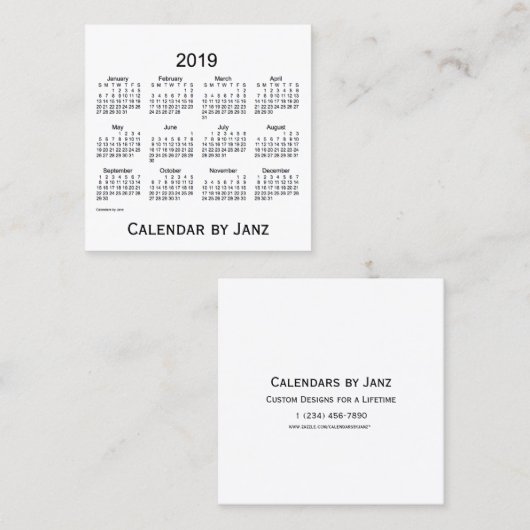 Carré Calendrier de 2019 blancs par le carte de visite (Devant / Derrière)