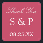 Carré Carmine Magenta Wedding Favor Sticker Merci<br><div class="desc">Carmine Magenta Wedding Favor Sticker Merci,  s'il vous plaît personnaliser avec les initiales du couple et la date du mariage,  en utilisant le modèle de personnalisation en ligne avant de commander. Un autocollant élégant avec du texte blanc élégant sur une belle nuance carmin de magenta.</div>