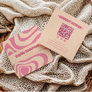 Carré Carte de visite rose rétro groovy avec QR Code