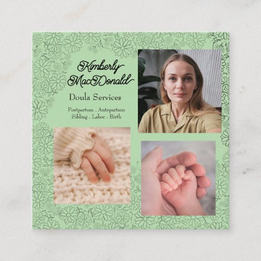 Carré Carte de visite services de doula de script vert s (Devant)