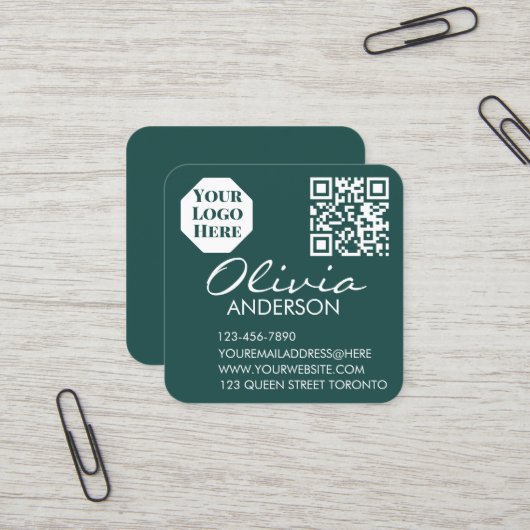 Carré Carte de visite verte premium avec code QR (Devant/Arrière en situation)