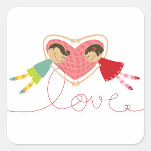 Carré Cartoon Boy Hearts Girl Valentine's Day Sticker