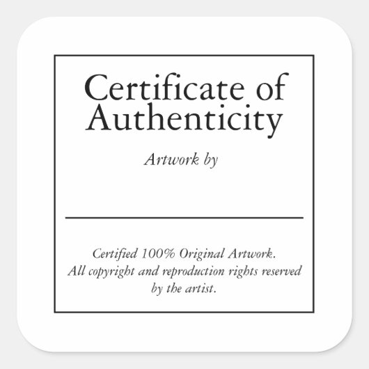 Carré Certificat d'authenticité Art Signature Sticker (Devant)