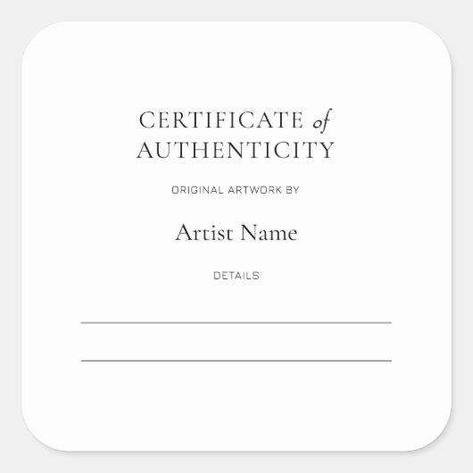Carré Certificat d'authenticité pour Sticker Art (Devant)