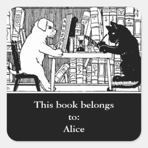 Carré Chat et chien dans la bibliothèque Sticker rond cl