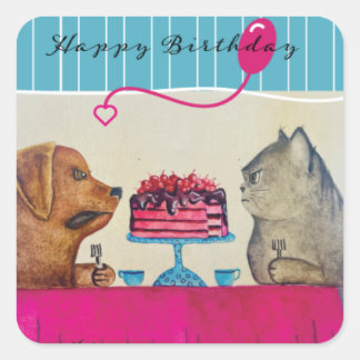 Carré Chat et chien Sticker d'anniversaire