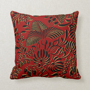 Carré Coussin Floral Rouge Noir Or Asiatique
