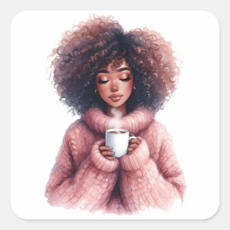 Carré Cozy Afro Girl – Watercolor Winter sticker