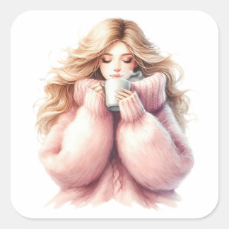 Carré Cozy Blonde Girl – Watercolor Winter Sticker