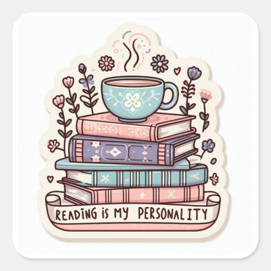 Carré Cozy Bookstack & Coffee Sticker - Reading Is My Pe (Devant)