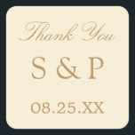 Carré Crème Beige Mariage Favoriser Merci Sticker<br><div class="desc">Crème Mariage Beige Favor Sticker Merci,  s'il vous plaît personnaliser avec les initiales du couple et la date du mariage,  en utilisant le modèle de personnalisation en ligne avant de commander. Un joli autocollant avec du texte élégant dans une teinte dorée de beige sur un arrière - plan crème.</div>