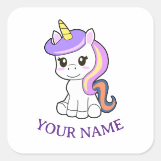 Carré Cute cartoon Unicorn Childrens Name Tag Sticker