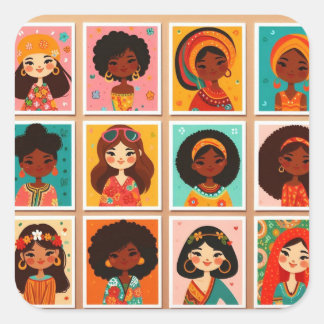 Carré Cute cartoon women of colour sticker
