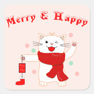 Carré Cute Chat Merry & Happy   Sticker de Noël mignon
