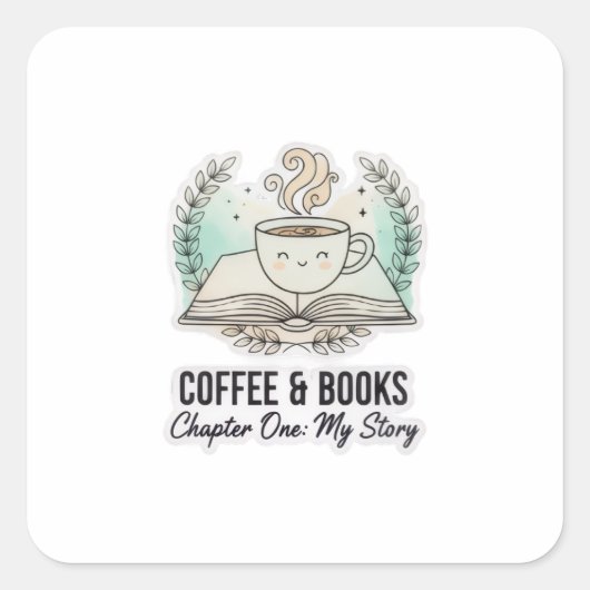 Carré Cute Coffee & Books Sticker – Book Lover Aesthetic (Devant)