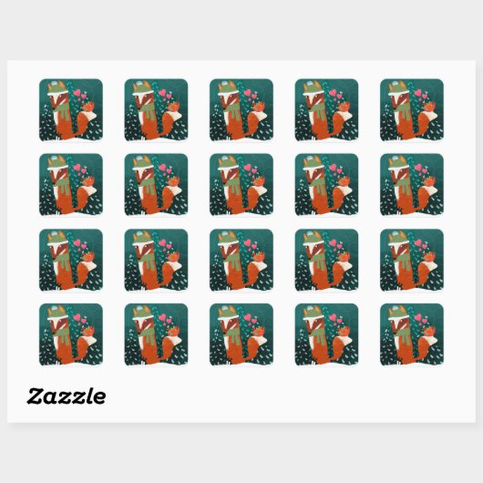 Carré Cute Fox and Cardinal Winter Sticker (Feuille)