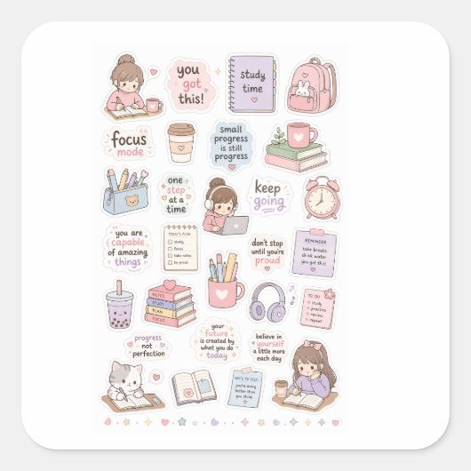 Carré Cute Study Motivation Sticker Sheet (Devant)