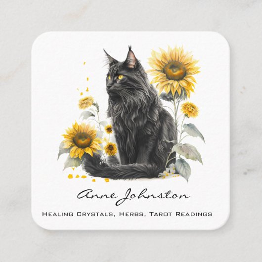 Carré de Chat noir et Fleurs de soleil Carte de vi (Devant)