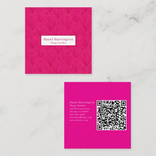Carré de code QR rose chaud Carte de visite Floral (Devant / Derrière)