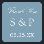 Carré Dusty Blue Wedding Favor Merci Sticker<br><div class="desc">Dusty Blue Wedding Favor Sticker Merci,  s'il vous plaît personnaliser avec les initiales du couple et la date du mariage,  en utilisant le modèle de personnalisation en ligne avant de commander.</div>