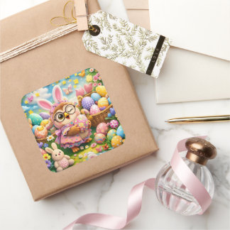 Carré Easter bunny and colourful eggs whimsical sticker 