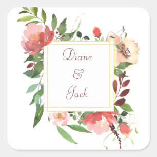 Carré Élégant Sticker Bouquet Rose Aquarelle