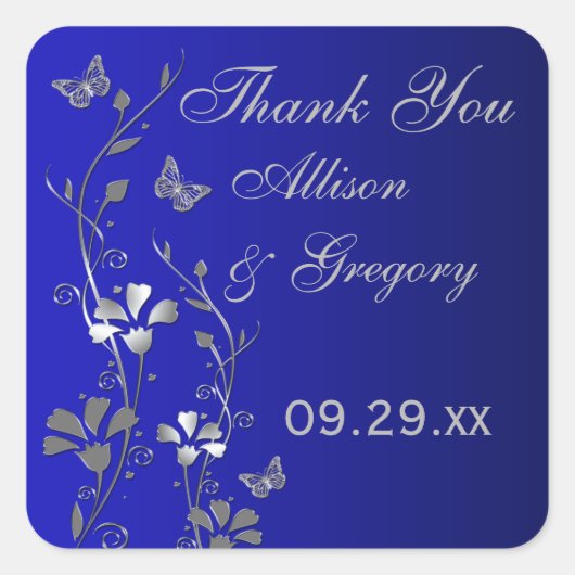 Carré Flore bleu, gris argenté avec Sticker à papillons (Devant)