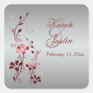 Carré Flore rouge et argent avec Sticker à papillons