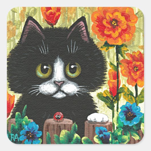Carré Funny Black White Cat Creationarts Sticker (Devant)