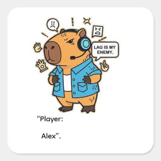 Carré Funny Capybara Gamer Sticker – Personalized with N (Devant)