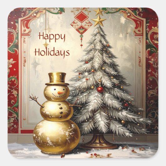 Carré Gold Snowman Christmas Tree Holiday Sticker (Devant)