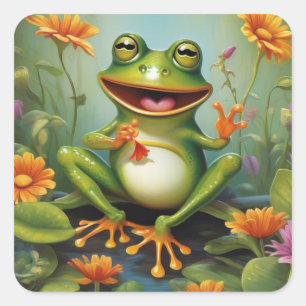 Carré Grenouille mignonne dans la nature avec Sticker Fl