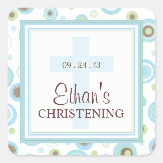 Carré Happy Blue Dots Cross Christening Baptism Sticker