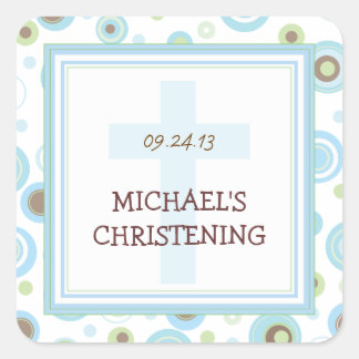 Carré Happy Blue Dots Cross Christening Baptism Sticker