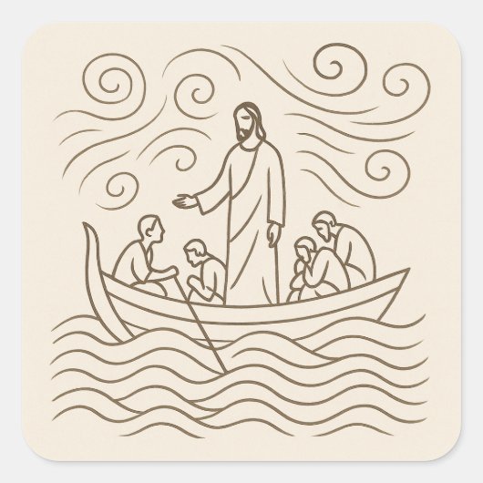Carré Jesus Calms the Storm Line Art Sticker (Devant)