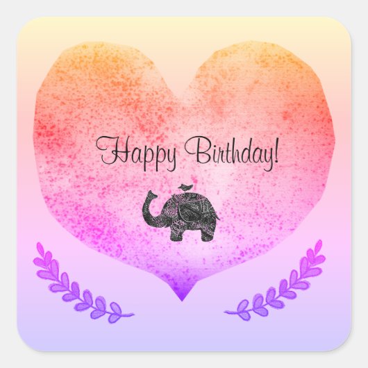 Carré Joyeux Anniversaire Chiny Coeur Elephant Sticker (Devant)