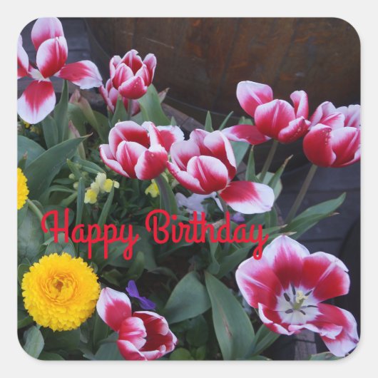 Carré Joyeux Anniversaire Fleurs de Printemps #4 Sticker (Devant)