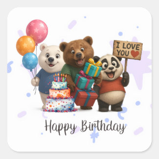 Carré Joyeux Anniversaire Ours & Sticker Panda