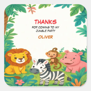 Carré Jungle Safari Animaux Anniversaire Merci Sticker