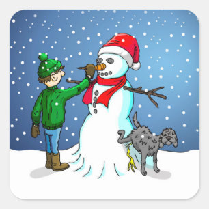 Carré Le Snowman, garçon et chien sur un Sticker