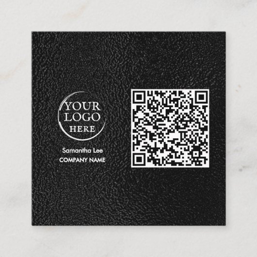 Carré Logo moderne en cuir noir QR Code Carte de visite (Devant)