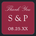 Carré Mariage Bourgogne Favor Merci Sticker<br><div class="desc">Burgundy Wedding Favor Sticker Merci,  s'il vous plaît personnaliser avec les initiales du couple et la date du mariage,  en utilisant le modèle de personnalisation en ligne avant de commander.</div>