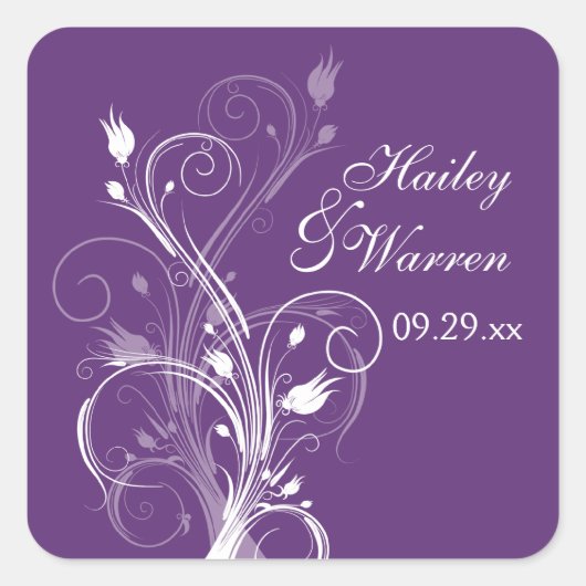 Carré Mariage floral violet et blanc Favoriser Sticker 2 (Devant)
