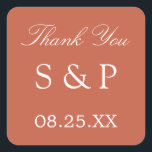 Carré Mariage Terracotta Favor Sticker Merci<br><div class="desc">Terracotta Wedding Favor Sticker Merci,  s'il vous plaît personnaliser avec les initiales du couple et la date du mariage,  en utilisant le modèle de personnalisation en ligne avant de commander.</div>