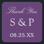 Carré Mariage violet foncé Favor Sticker Merci<br><div class="desc">Mariage violet foncé Favor Sticker Merci,  s'il vous plaît personnaliser avec les initiales du couple et la date du mariage,  en utilisant le modèle de personnalisation en ligne avant de commander.</div>