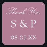 Carré Mauve Wedding Favor Sticker Merci<br><div class="desc">Mauve Wedding Favor Sticker Merci,  s'il vous plaît personnaliser avec les initiales du couple et la date du mariage,  en utilisant le modèle de personnalisation en ligne avant de commander.</div>