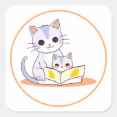 Carré Mère Chat Lecture à son chaton rond Sticker Kitten (Devant)