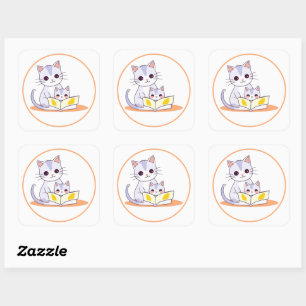 Carré Mère Chat Lecture à son chaton rond Sticker Kitten
